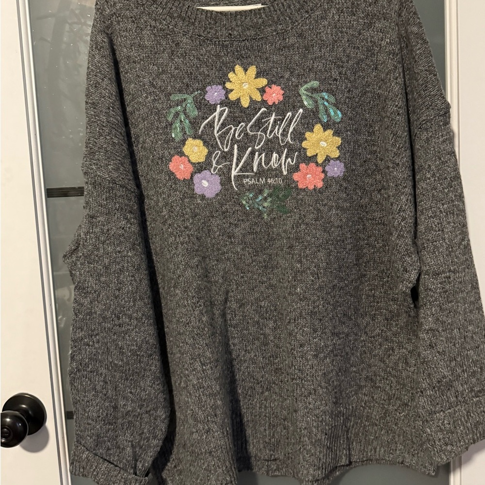 Floral Sequin Embroidered Gray Women's Sweater